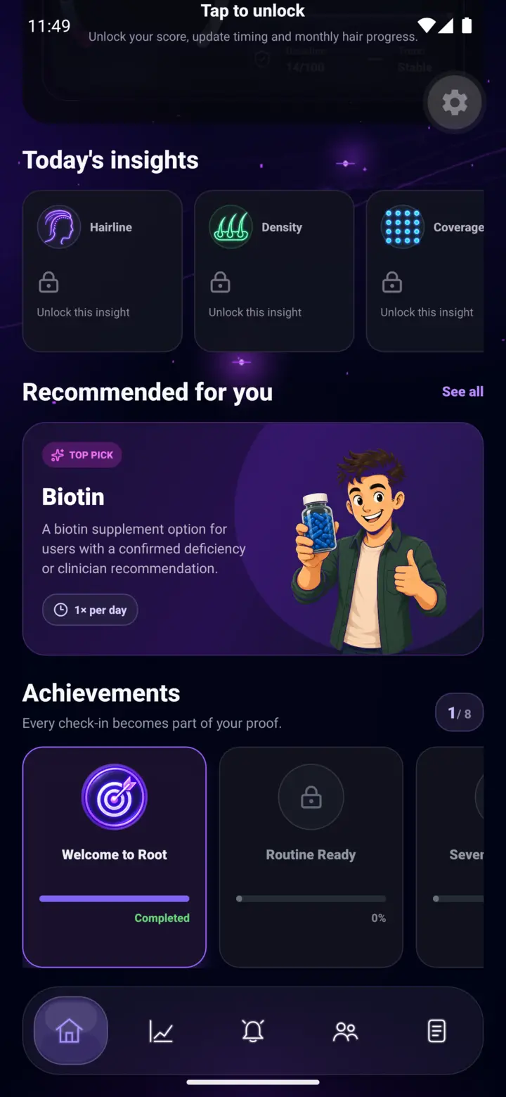 Root home dashboard showing hair score, insights, and recommendations